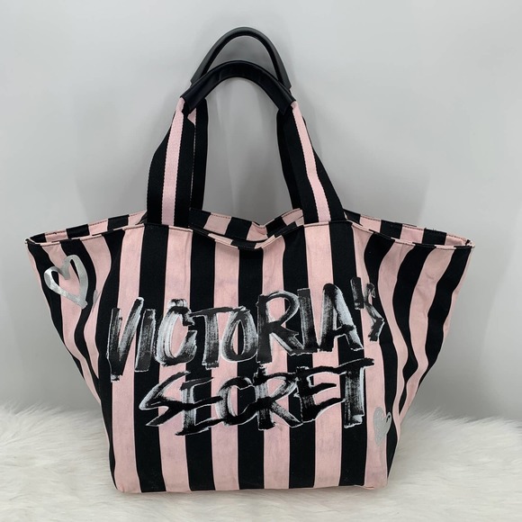 Victoria's Secret Handbags - Victoria's Secret Striped Iconic Beauty Tote Pink Black Canvas Bag Zip Closure